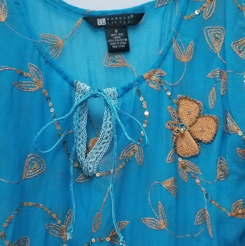 CAROLE LITTLE | SILK TURQUOISE & GOLD BLOUSE, SZ 6